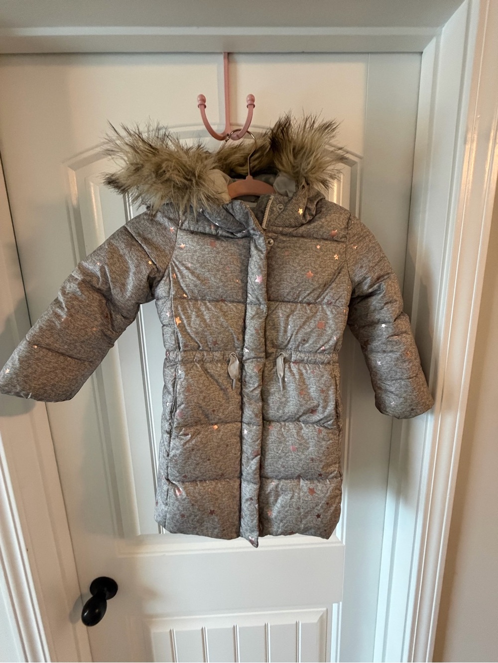 GAP Gray Puffer Coat with Faux Fur Hood and Pink Star Details